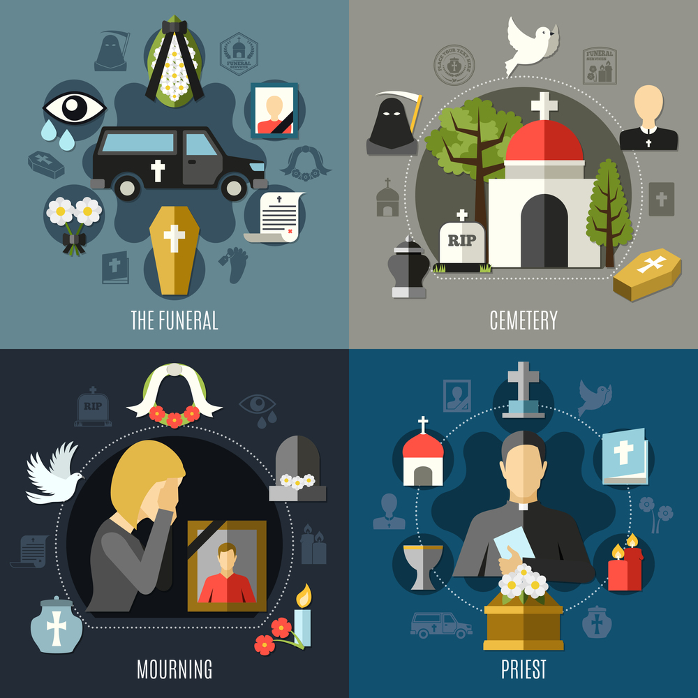 Funeral concept icons set with mourning and priest symbols flat isolated vector illustration. Funeral Concept Icons Set