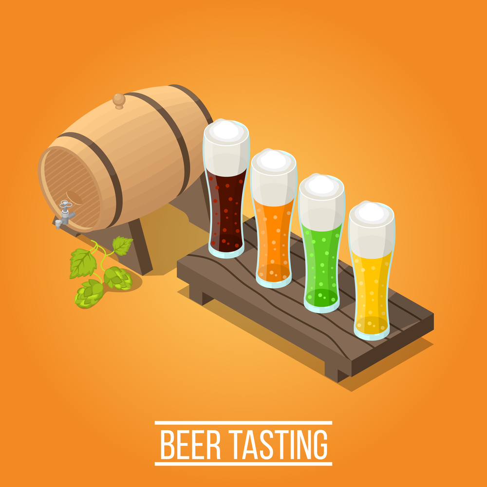 Isometric bright orange brewery background with wooden barrel and glasses full of fresh colorful beer 3d vector illustration. Isometric Brewery Background
