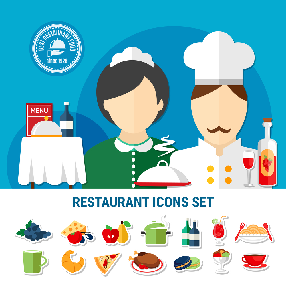 Various restaurant dishes staff and cutlery icons set flat isolated vector illustration. Restaurant Icons Set