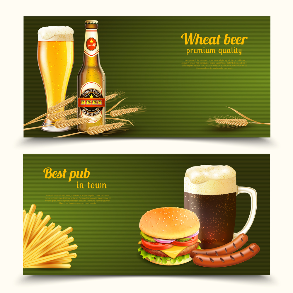 Best pub with premium quality light and dark beer on green background horizontal realistic banners isolated vector illustration. Realistic Beer Banners