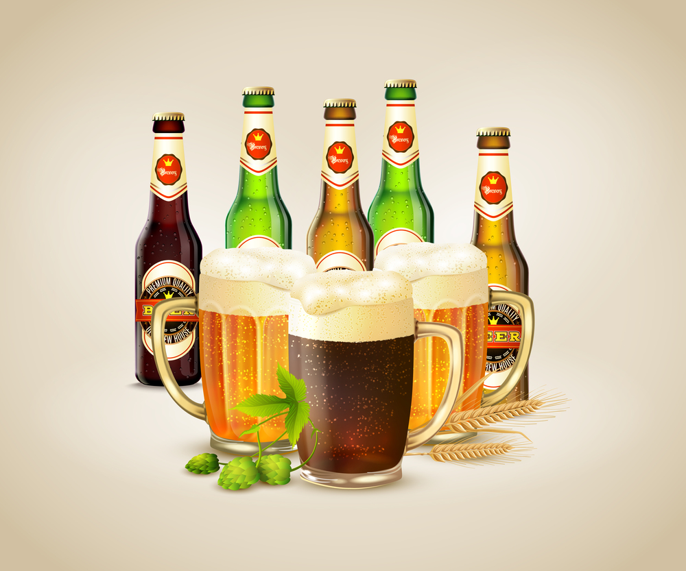 Bottles and cups with fresh cold dark and light beer realistic background vector illustration. Realistic Beer Background