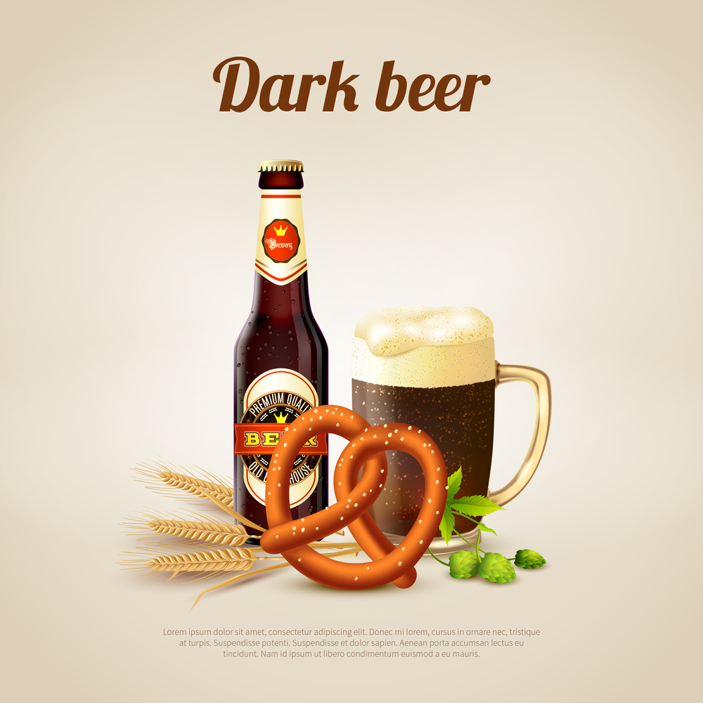 Realistic background with bottle and mug full of dark beer vector illustration. Dark Beer Background