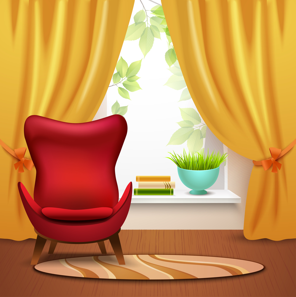 Room interior with armchair window books and curtains cartoon vector illustration.  Room Interior Illustration