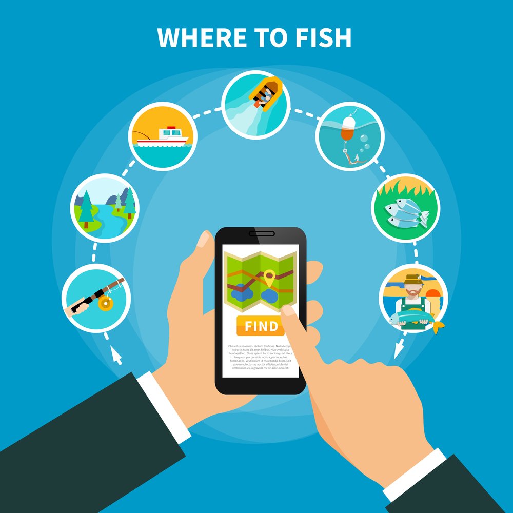Fishing conceptual composition with human hands holding smartphone running navigation app with location circle pictogram images vector illustration. Fishing Area Finder Concept