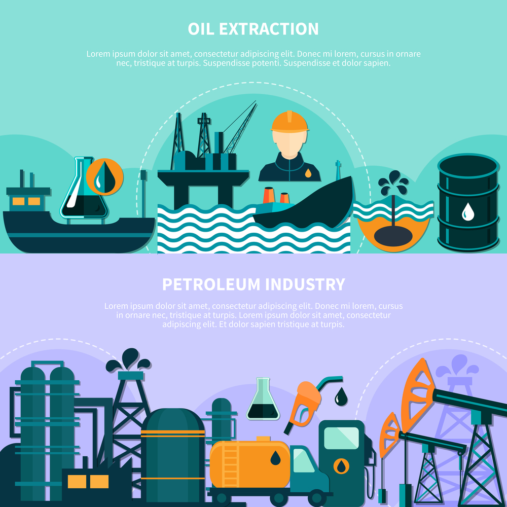 Oil industry horizontal banners set with doodle images of offshore production platform pumping units with text vector illustration. Offshore Petroleum Production Banners
