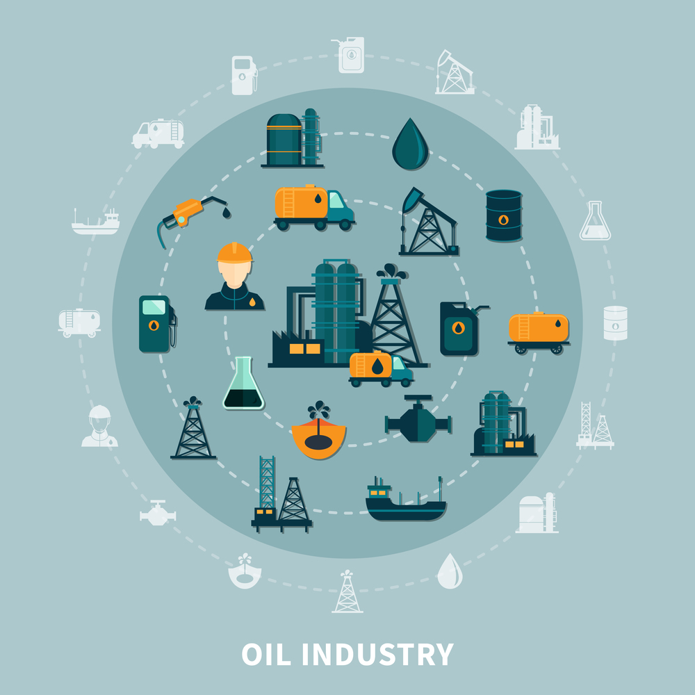 Oil industry composition with isolated flat icons and silhouettes of petroleum production transportation and storage facilities vector illustration. Petroleum Icons Round Composition