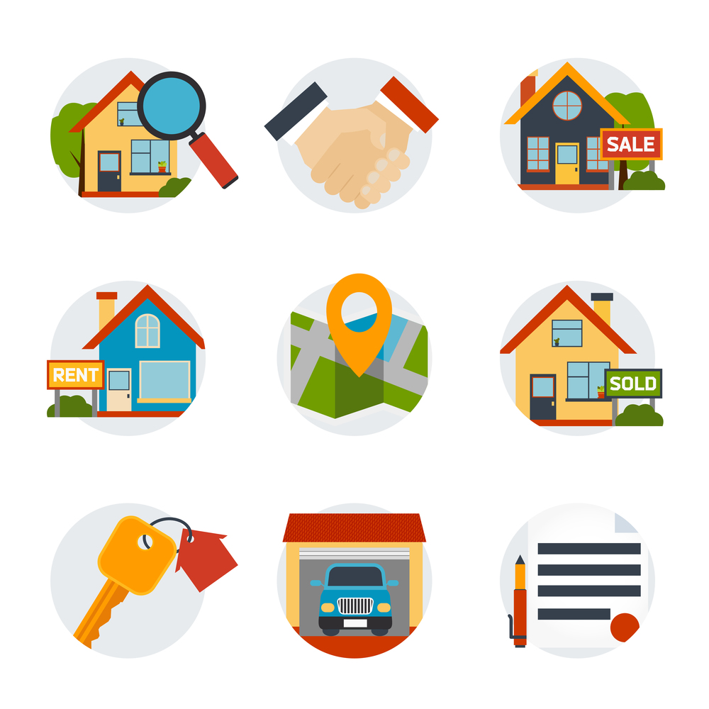 Real estate icons set with house and purchase symbols flat isolated vector illustration. Real Estate Icons Set