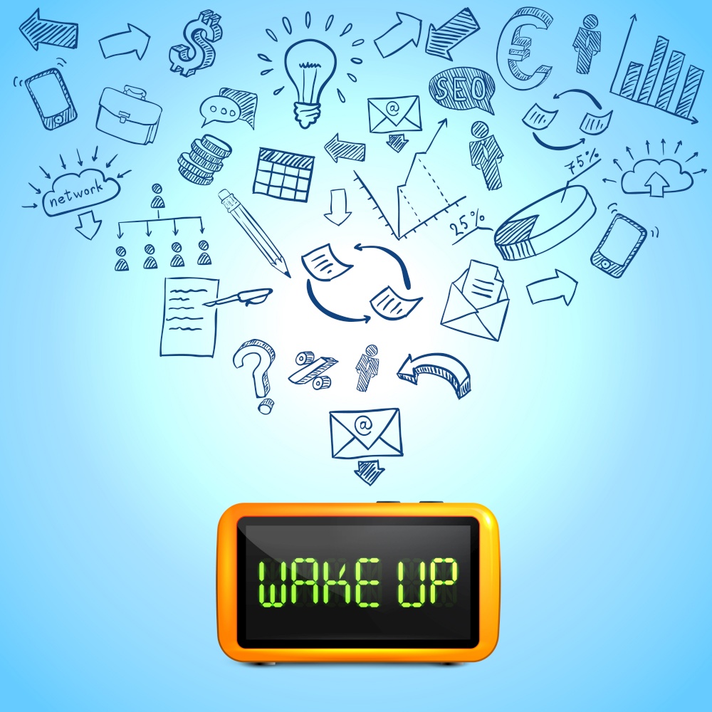 Business morning composition with 3d clock hand drawn icons of work processes on blue background vector illustration. Business Morning Composition
