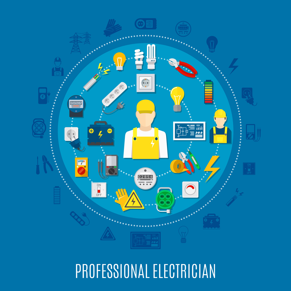 Professional electrician round design with icons of work tools and electric appliances on blue background vector illustration. Professional Electrician Round Design
