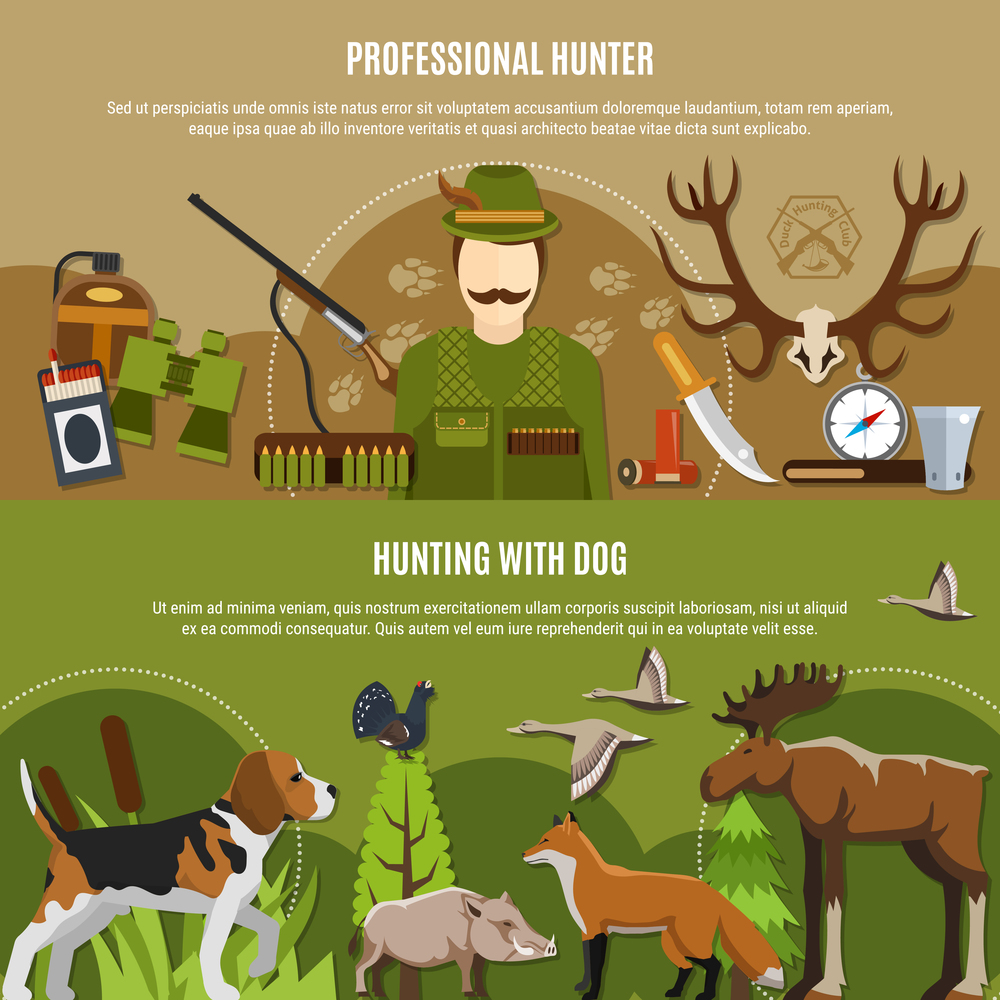 Professional hunter horizontal banners set with wild animals symbols flat isolated vector illustration. Professional Hunter Banners Set