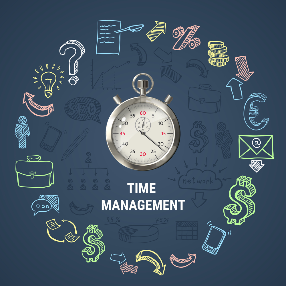 Time management round composition with 3d stopwatch, hand drawn business icons on textured dark background vector illustration. Time Management Round Composition