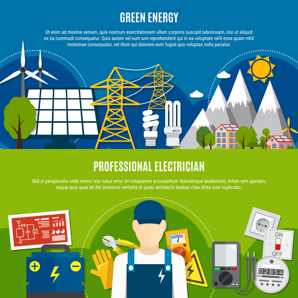 Horizontal flat banners with clean energy and professional electrician on blue and green background isolated vector illustration . Electrician And Clean Energy Flat Banners