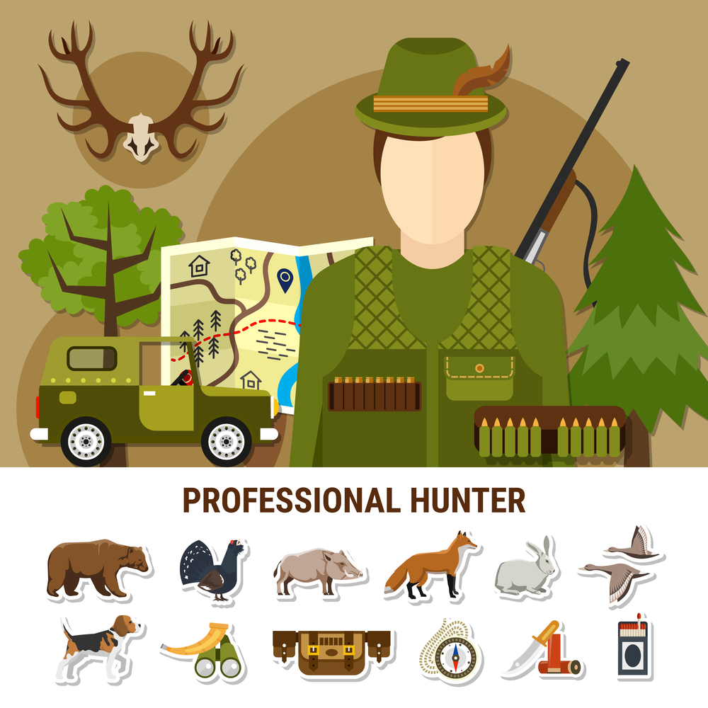 Professional hunter concept with map car animals and forest flat isolated vector illustration. Professional Hunter Concept Illustration