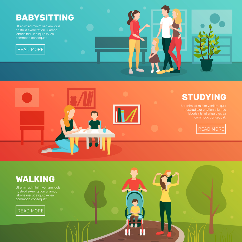 Babysitters people flat horizontal banners set with family human characters parents and children with read more button vector illustration. Babysitting Children Banners Set