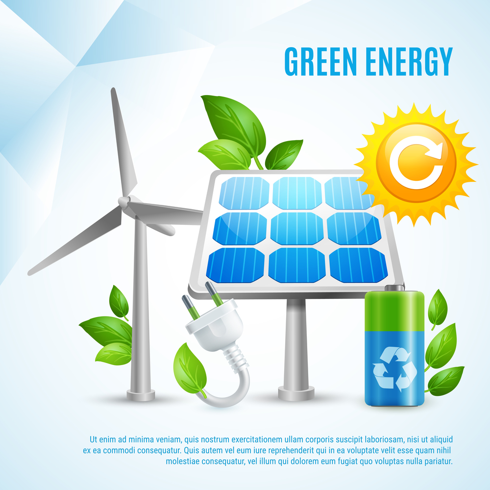 Green energy design concept with wind turbines solar panels green leaves recycling symbols realistic vector illustration. Green Energy Design Concept