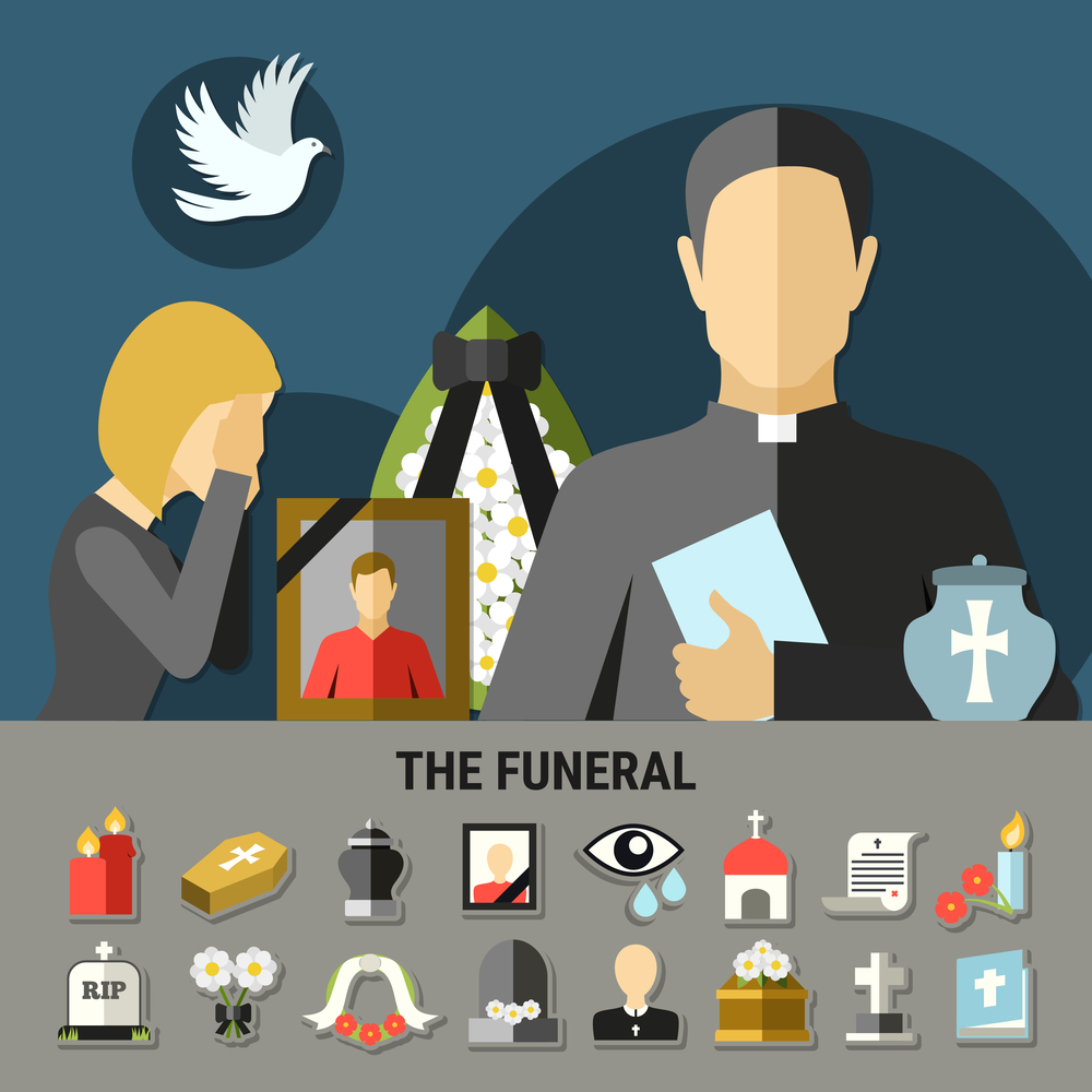 Funeral and mourning composition with wreath tomb and priest flat vector illustration. Funeral And Mourning Composition