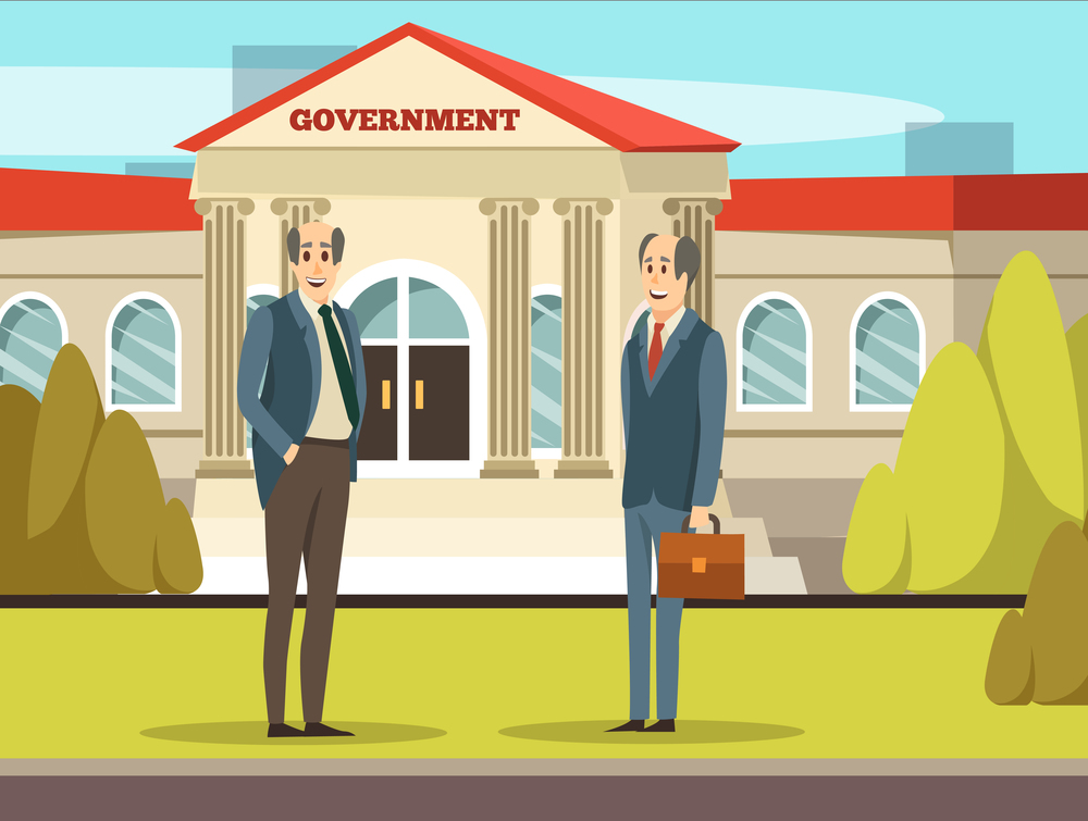 Colored orthogonal municipal buildings composition government with two smiling employers in suits vector illustration. Colored Municipal Buildings Composition