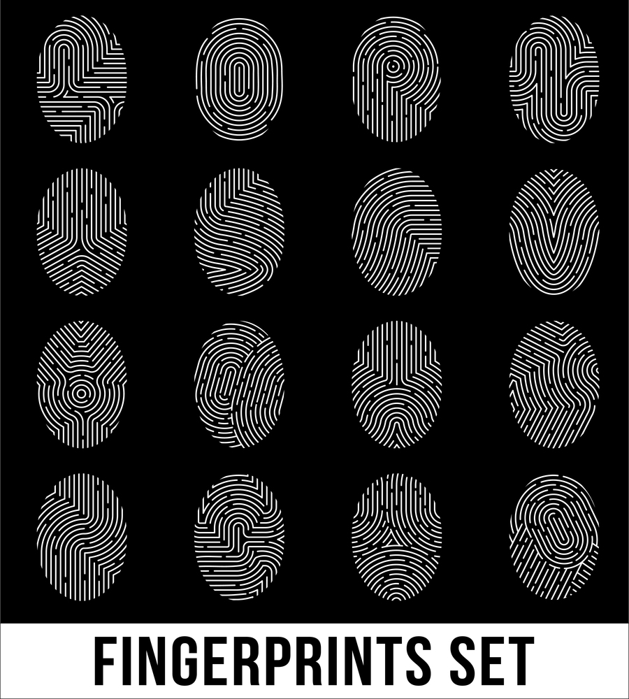 Set of fingerprints, biometric information with unique combinations of curve lines on black background isolated vector illustration . Fingerprints Set On Black Background