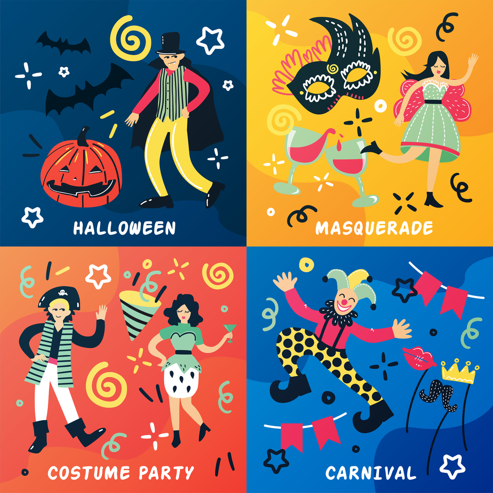 Costume party doodle 2x2 design concept with cartoon style flat people characters and drawn decorative symbols vector illustration. Carnival Doodle Design Concept