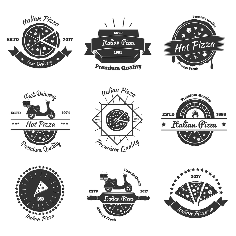Pizza vintage emblems collection with flat isolated images of italian pizza pieces decorative elements and text vector illustration. Hot Pizza Delivery Emblems