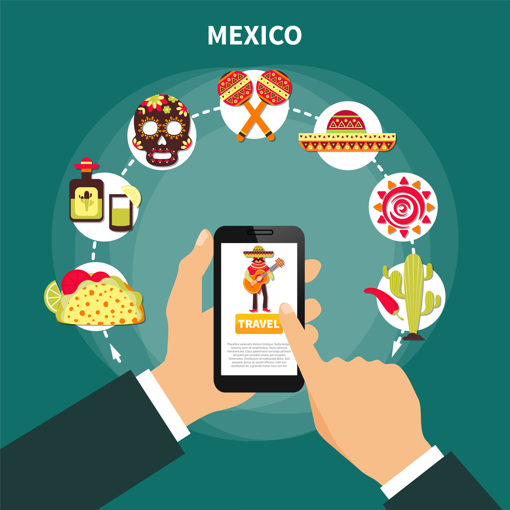 Online choosing travel to mexico and various mexican symbols flat vector illustration. Travel To Mexico Illustration