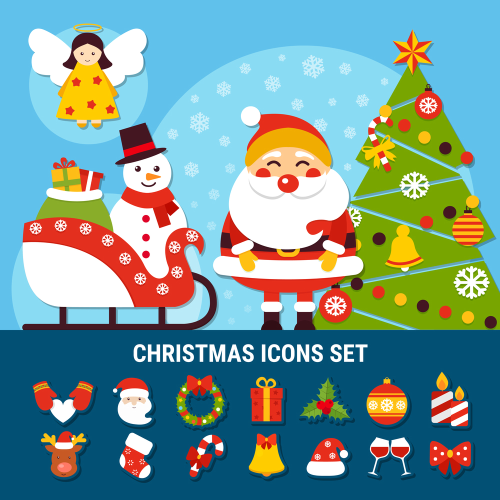 Set of christmas icons with year tree, snowman on sleigh, angel, santa, holiday decorations isolated vector illustration . Christmas Icons Set