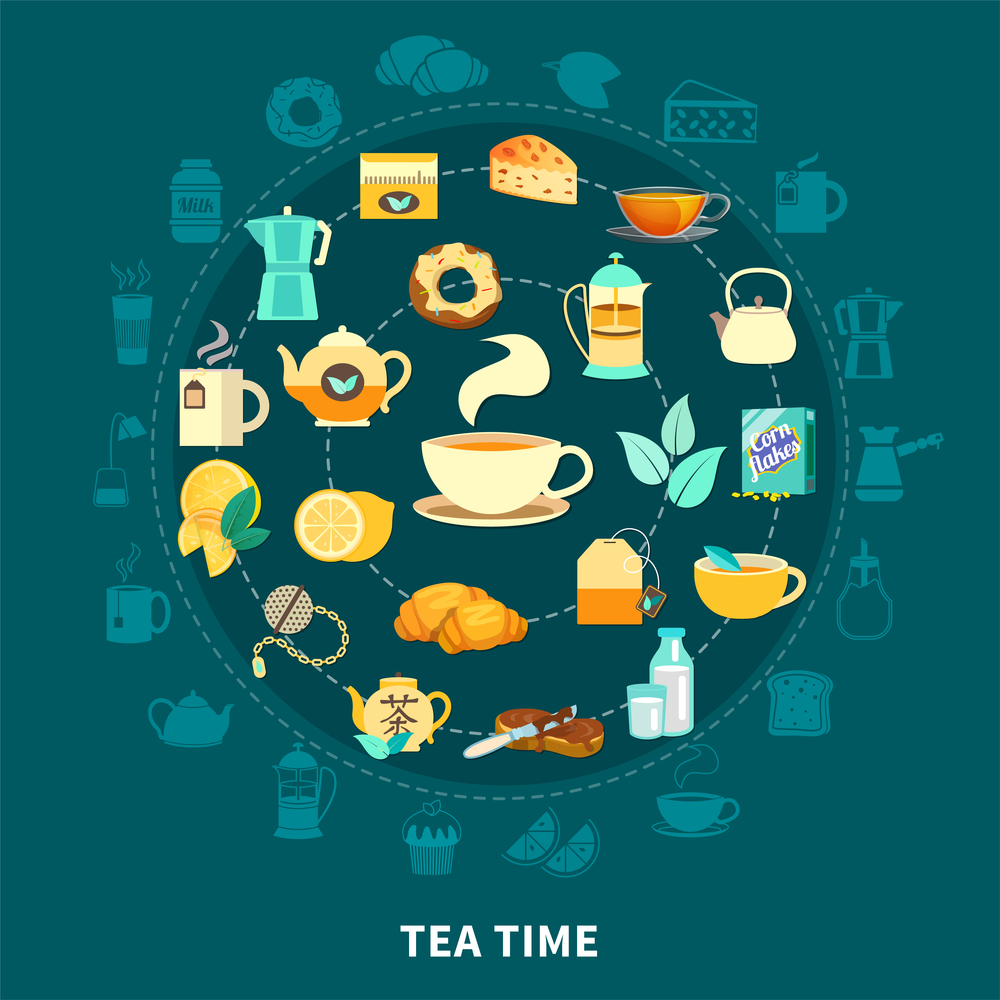 Tea time round composition with hot drink, cups, teapots, milk, pastry on dark blue background vector illustration. Tea Time Round Composition