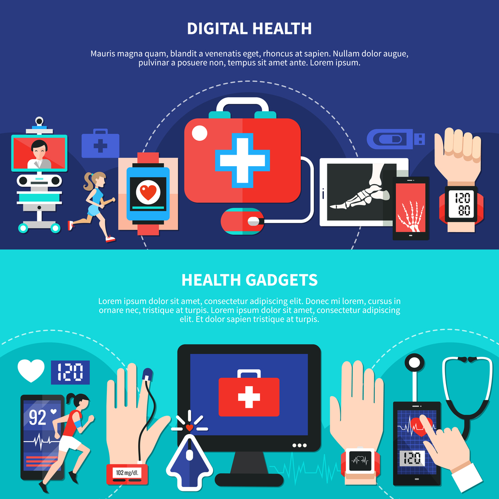 Digital health gadgets devices apps 2 horizontal flat banners set with first aid symbol isolated vector illustration . Digital Health Gadgets Flat Banners