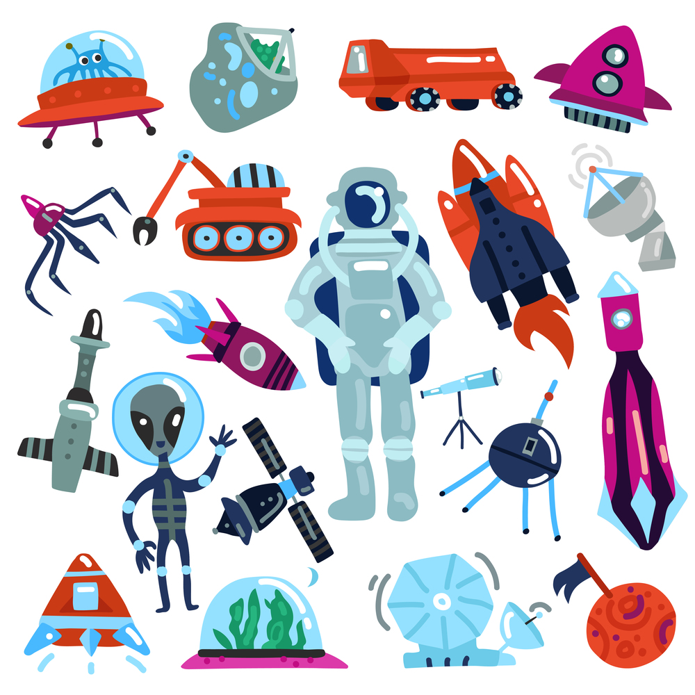 Flat colorful space icons set with spaceships aliens and astronaut isolated on white background vector illustration. Space Icons Set