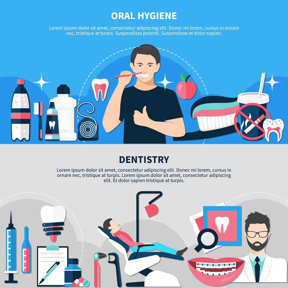 Oral hygiene and dentistry horizontal banners with dentist office equipment and tools flat icons set vector illustration . Oral Hygiene And Dentistry Banners