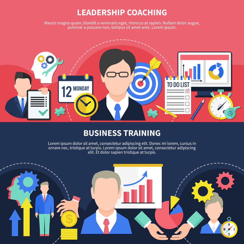 Business training horizontal banners set with leadership coaching symbols flat isolated vector illustration. Business Training Banners Set