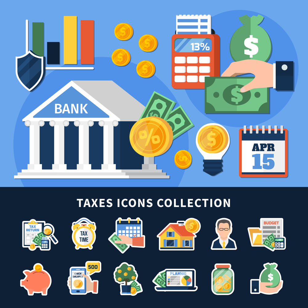 Taxes icons collection with budget planning, duty calculation, document forms, money, computer technologies isolated vector illustration. Taxes Icons Collection