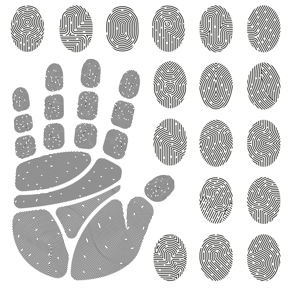 Set of black white prints of fingers and palm with unique details isolated vector illustration . Prints Of Fingers And Palm Set
