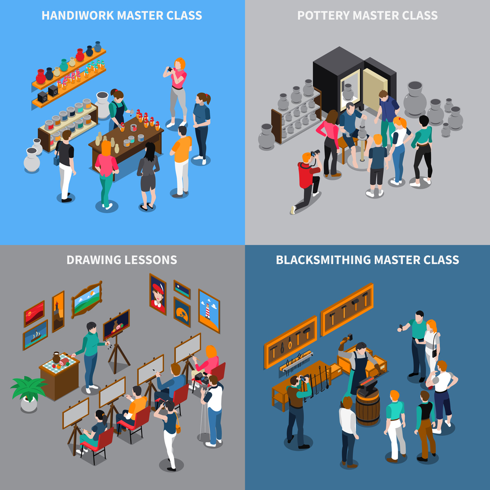 Isometric design concept with master class for handiwork, pottery and blacksmithing, drawing lessons isolated vector illustration. Master Class Isometric Concept