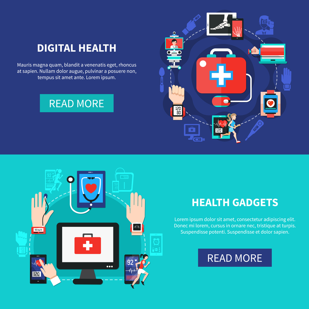 Digital health solutions products online 2 flat horizontal banners webpage design with mobile devices isolated vector illustration . Digital Health Gadgets Flat Banners