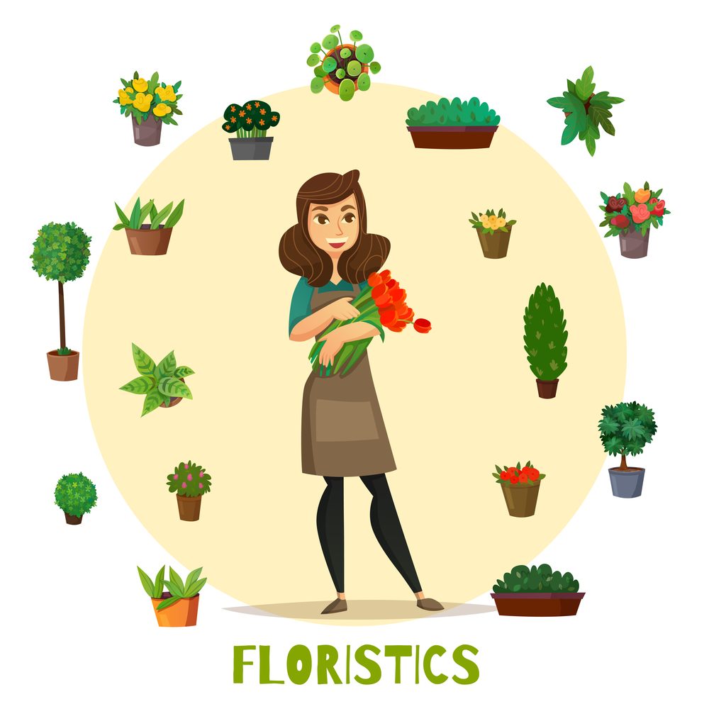 Florists concept set with flowers and plants symbols flat vector illustration. Florists Concept Set