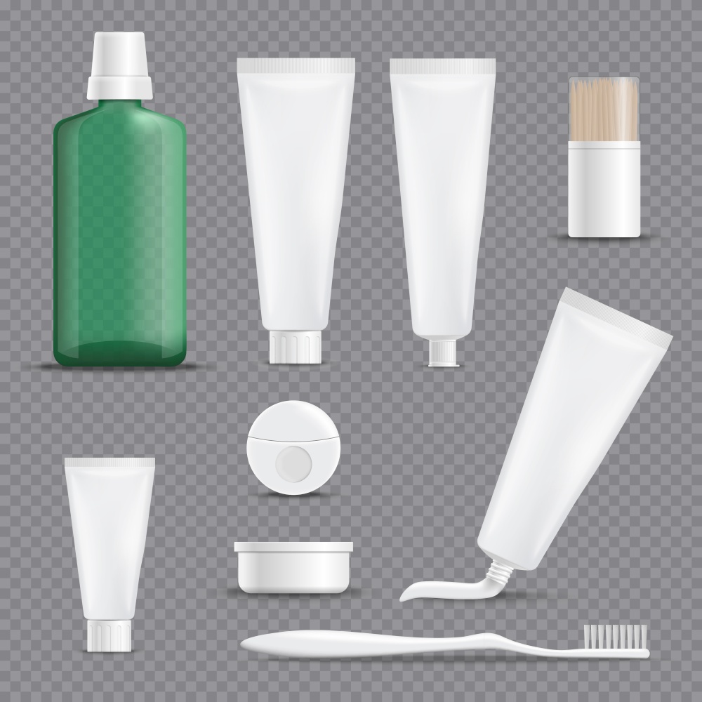 Set of realistic dentifrices with floss, toothpicks, rinse, toothbrush isolated on transparent background vector illustration. Realistic Dentifrices Transparent Background Set