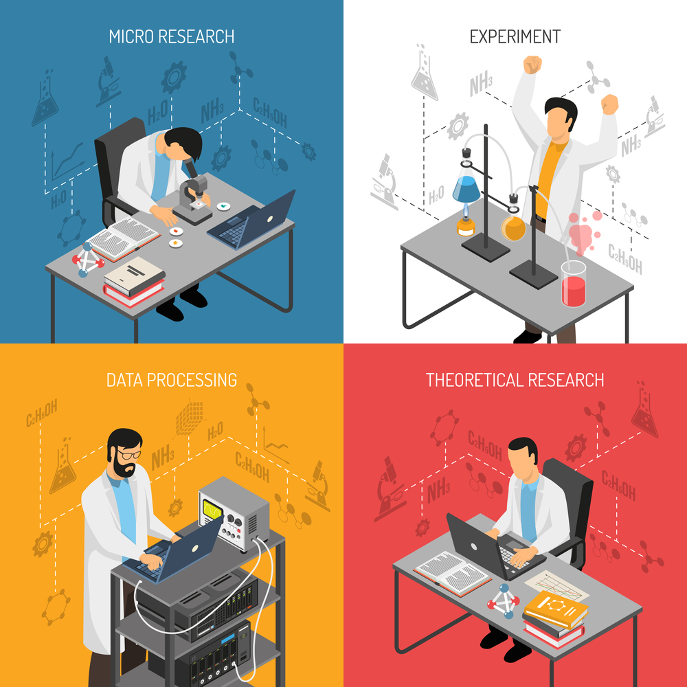 Isometric scientific laboratory design concept with flat images of scientists with research equipment and molecular icons vector illustration. Science Lab Design Concept