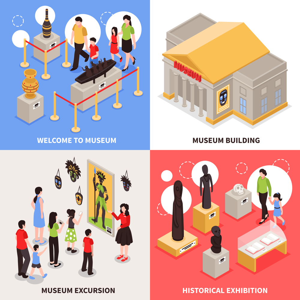 Museum isometric design concept with excursion for visitors, building architecture, historical exhibition isolated vector illustration. Museum Isometric Design Concept