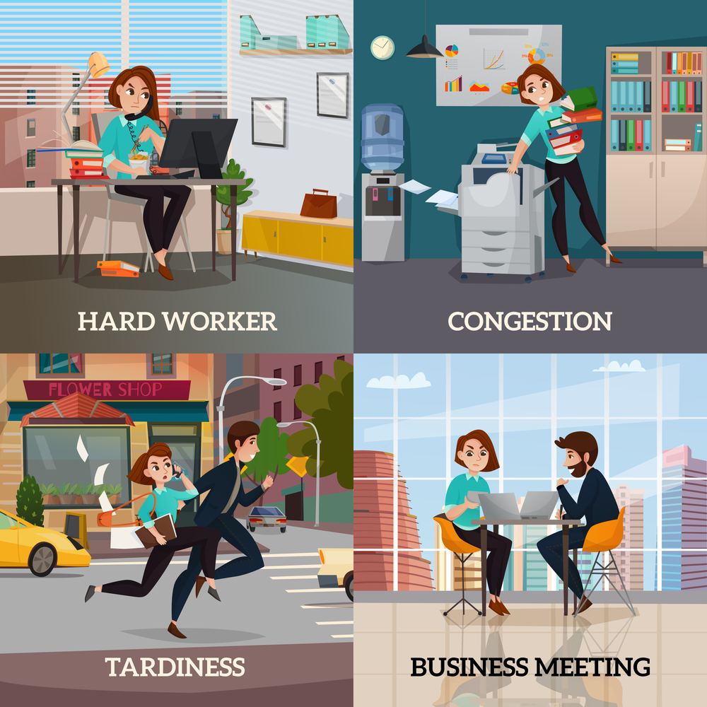 Multitasking 2x2 design concept set of business meeting hard worker congestion and tardiness flat square compositions vector illustration. Multitasking 2x2 Design Concept