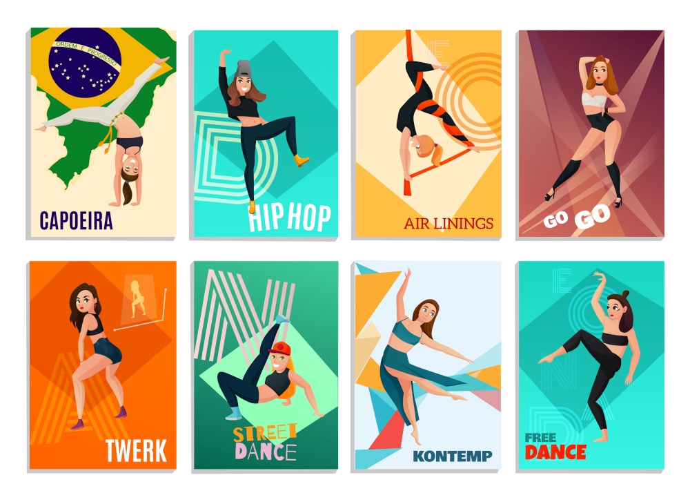 Set of vertical cards with modern dances including hip hop, go-go, aerial ribbons isolated vector illustration  . Modern Dances Cards