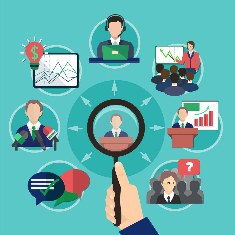 Business meeting concept with human hand holding magnifying lens and flat images with pictograms and thought bubbles vector illustration. Business Meeting Speaker Concept