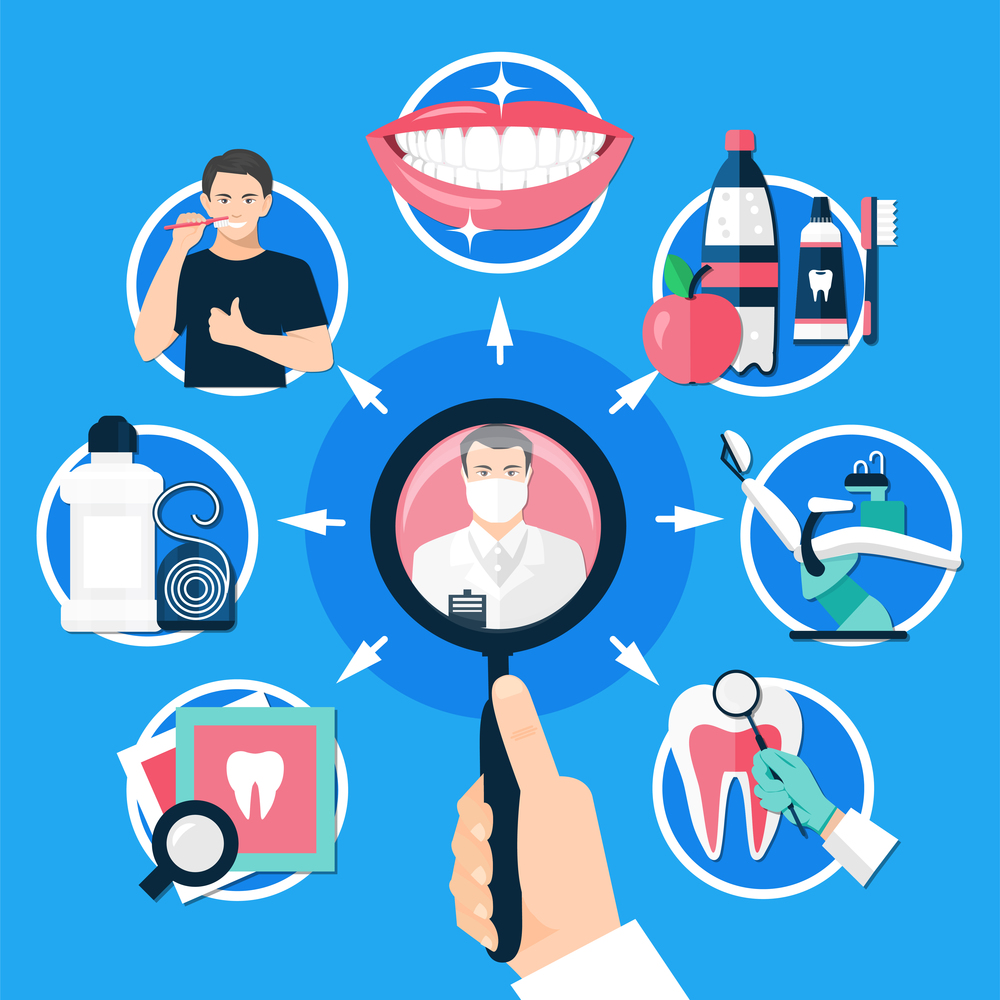 Dental round design concept with man hand holding magnifying glass for searching methods of treatment and prevention of dental diseases flat vector illustration   . Dental Searching Round Design Concept