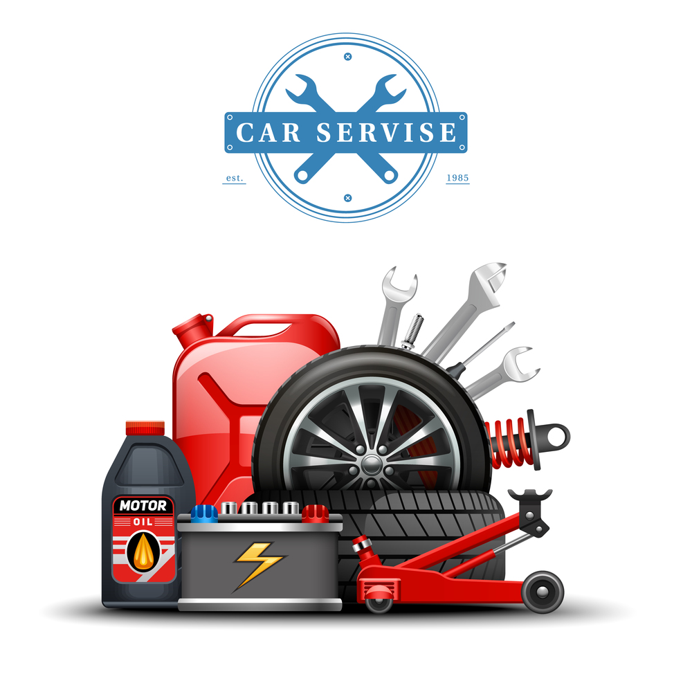 Auto service accessories colorful 3d composition with spanner oil car lift gasoline canister and battery vector illustration . Car Service Center Accessories Composition