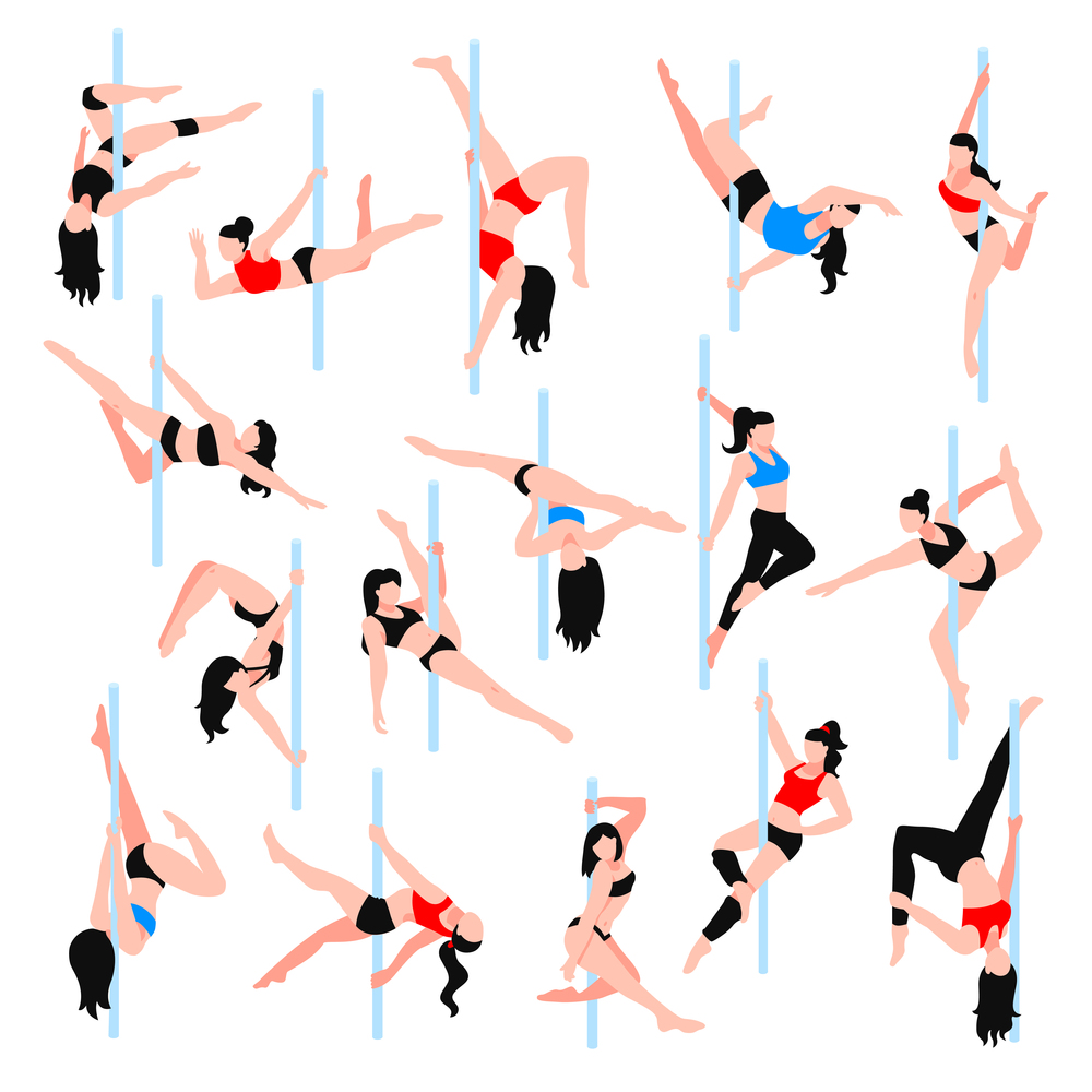 Pole dance isometric icons set with women in various positions in bikini and sportswear isolated vector illustration  . Pole Dance Isometric Icons Set