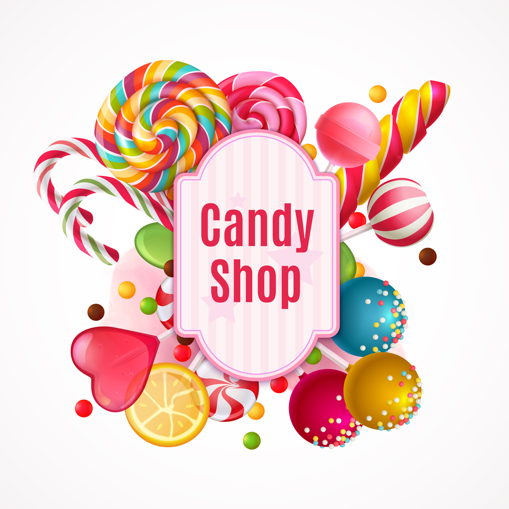 Decorative frame with realistic candies, colorful lollipops of various shape on white background vector illustration. Realistic Candies Frame Background