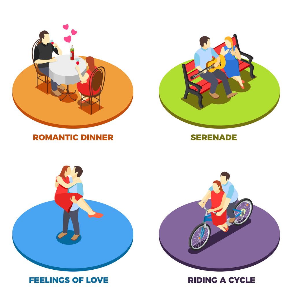 Dating Romantic relationship 2x2 design concept with serenade on bench riding cycle feeling of love and romantic dinner isometric compositions vector illustration . Dating 2x2 Design Concept