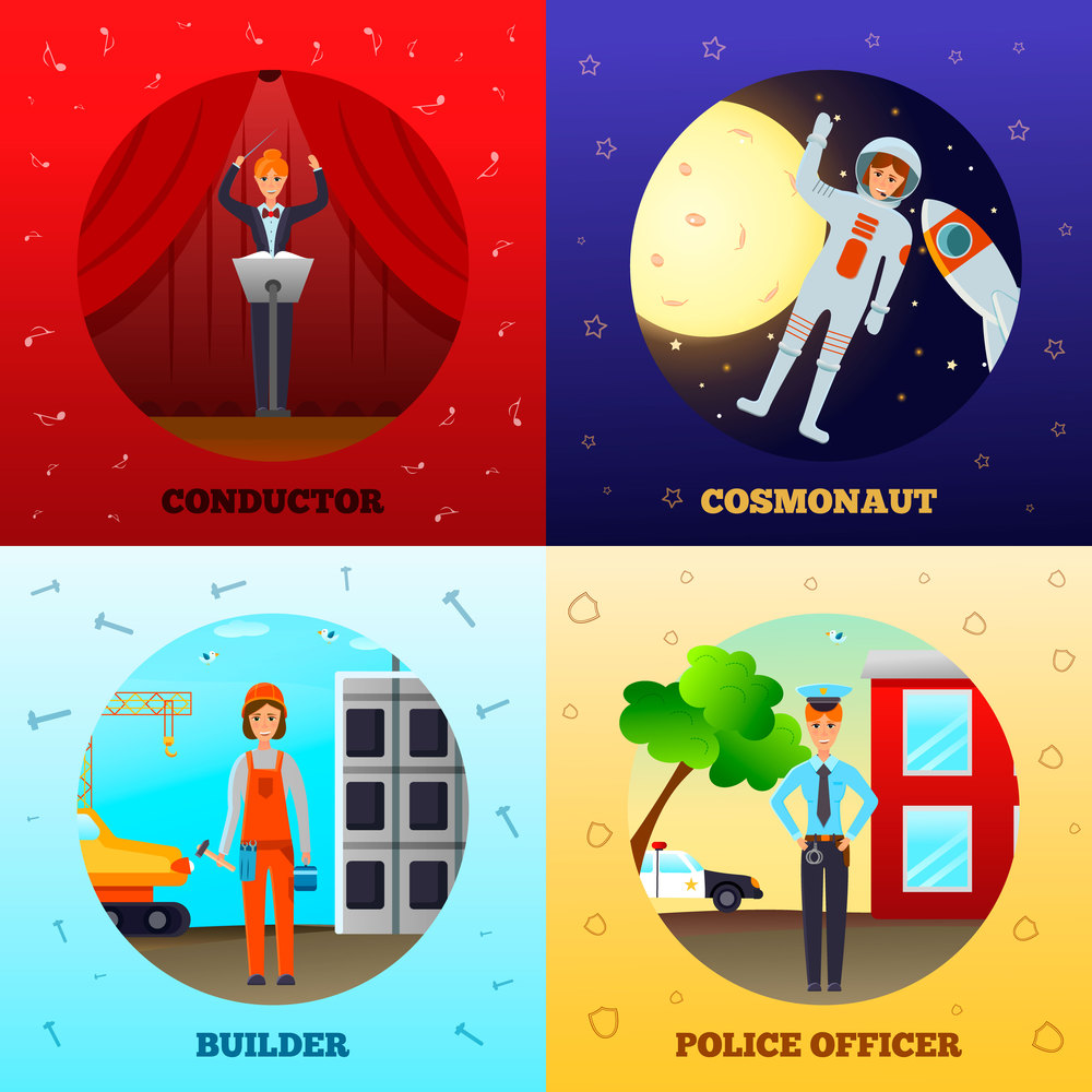 Woman professions design concept with conductor on stage, cosmonaut in space, builder, police officer isolated vector illustration . Woman Professions Concept
