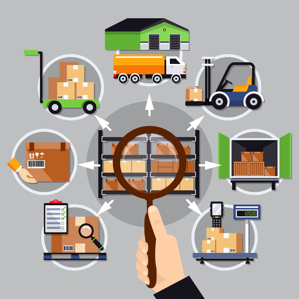 Choice of warehouse composition on grey background with magnifier in hand, logistic services vector illustration. Choice Of Warehouse Composition