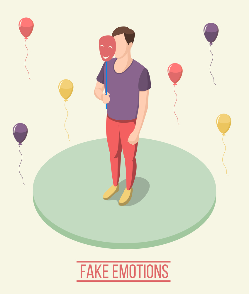 Fake emotions isometric composition including man with smiling mask on green round platform, colorful balloons vector illustration. Fake Emotions Isometric Composition